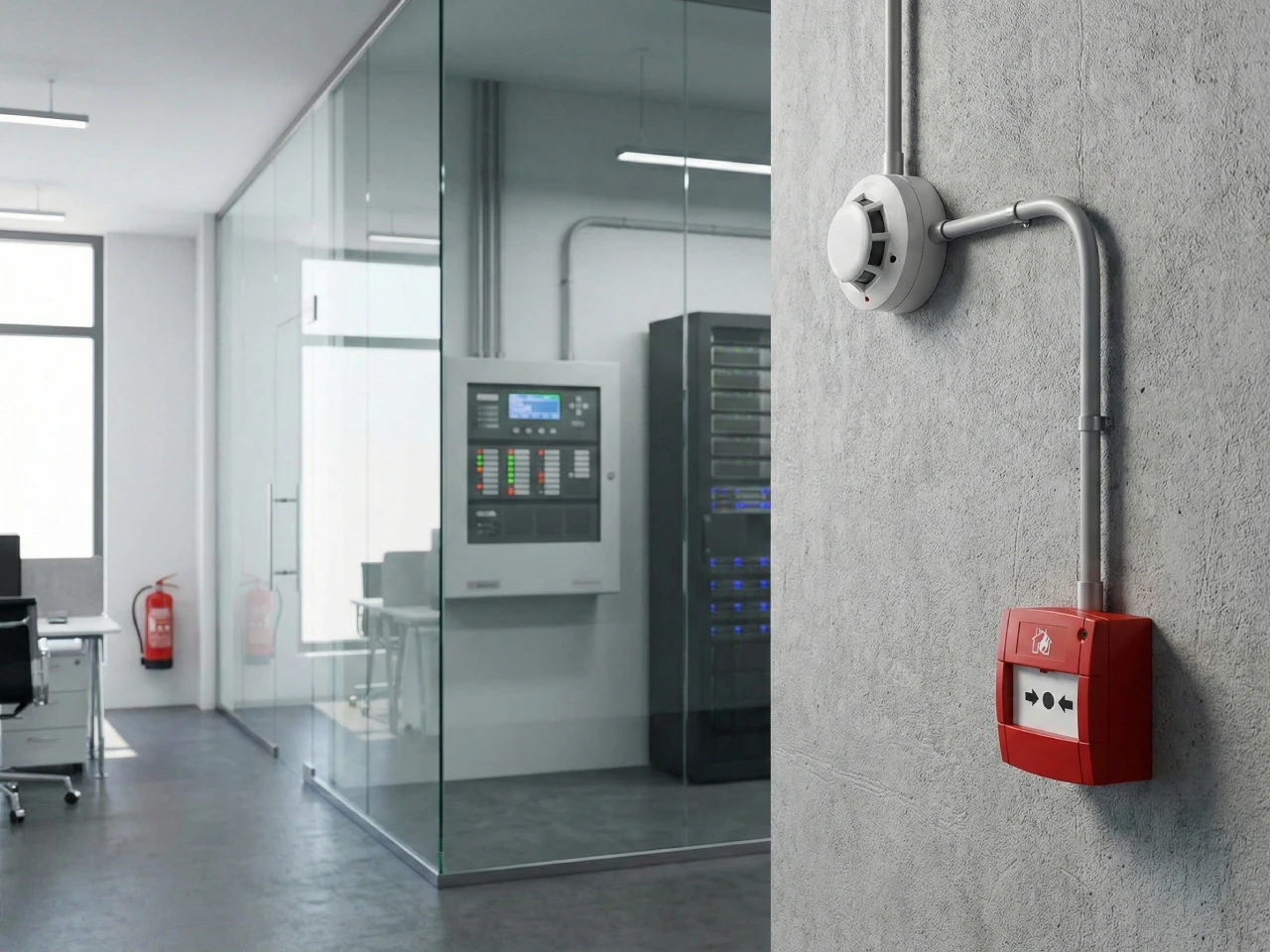 Brandmeldesystem an der Wand in Büroräumen mit rotem Notschalter.